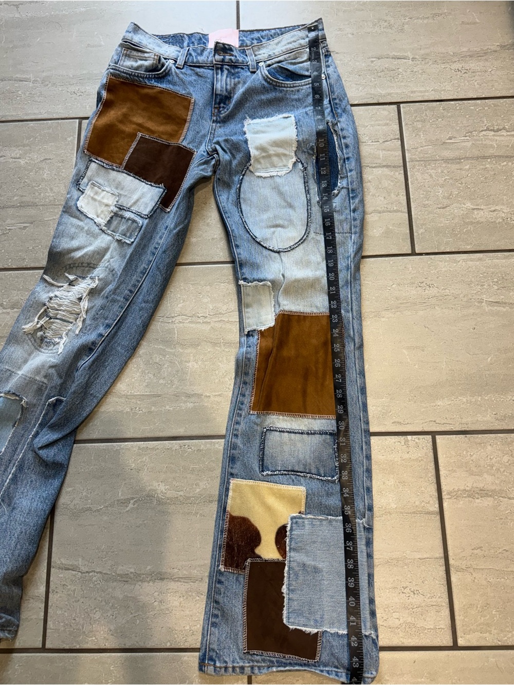 Woman’s Patchwork Light Wash Jeans - Brown & Tan Accents